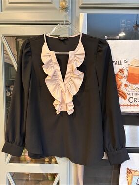 J. Crew Black Blouse with Pale Pink Ruffle V-Neck XS